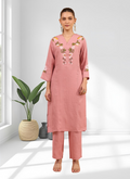 Joban Fashion Pink Linen Embroidered Readymade Long Kurta With Pant