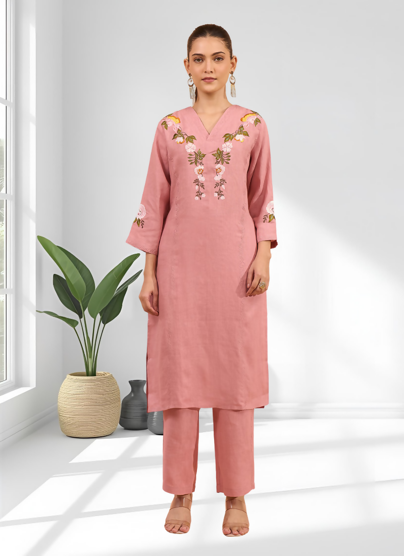 Joban Fashion Pink Linen Embroidered Readymade Long Kurta With Pant