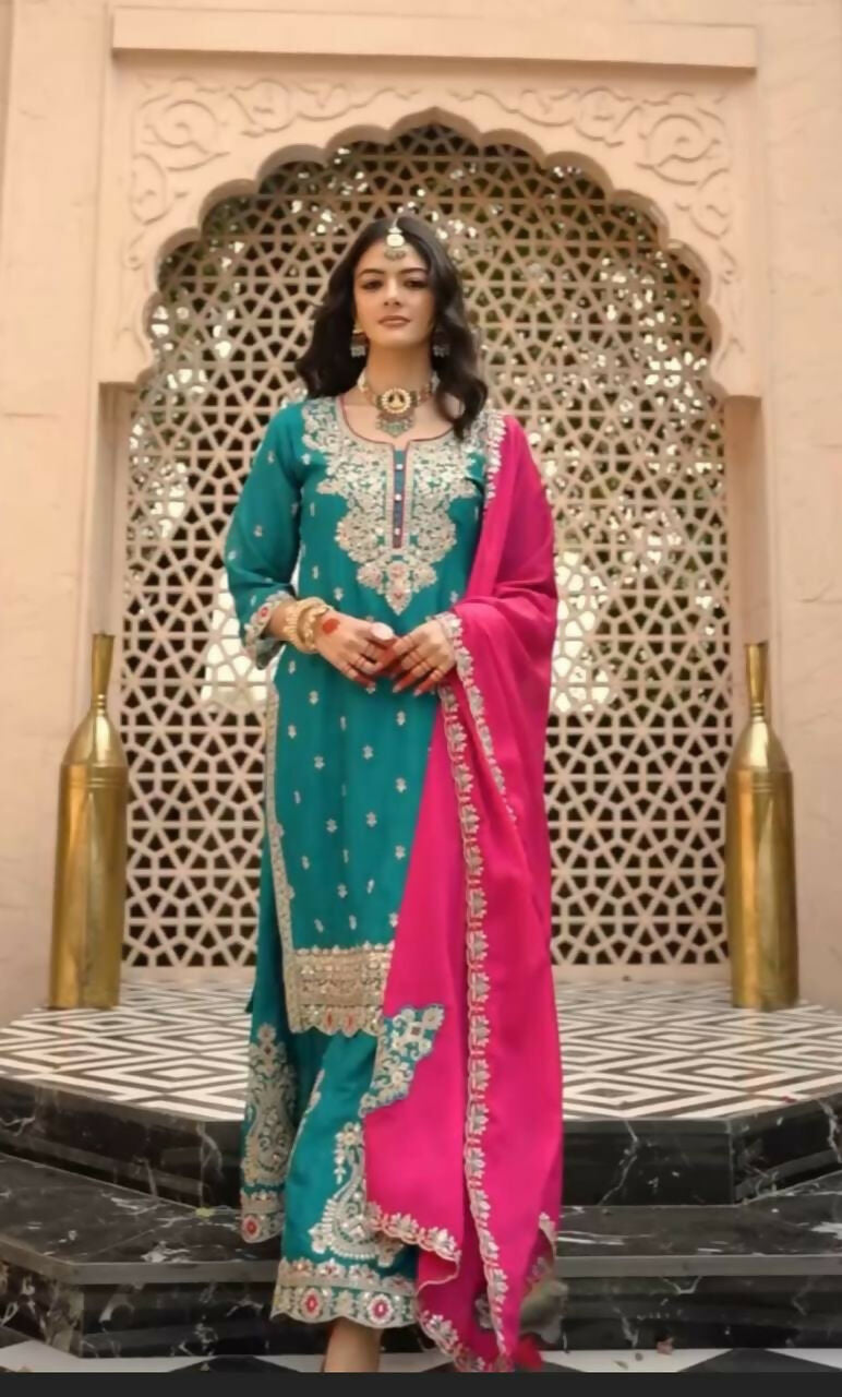Teeya Creation Womens New Wedding Wear Heavy Embroidery Thread Work Teal Kurta Set