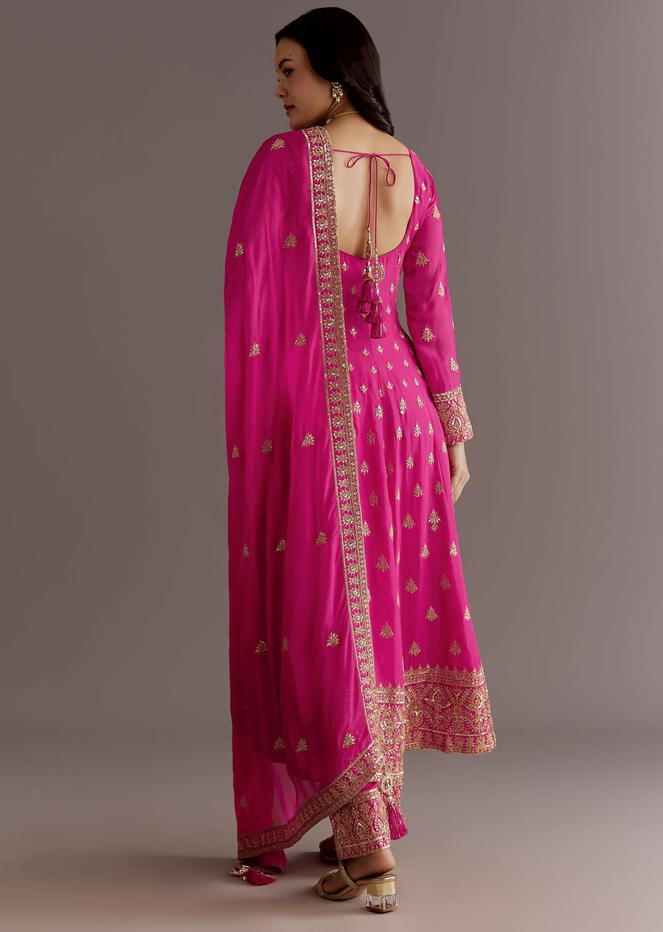 Teeya Creation Pink Color Chinnon Silk Embroidery Work Gown