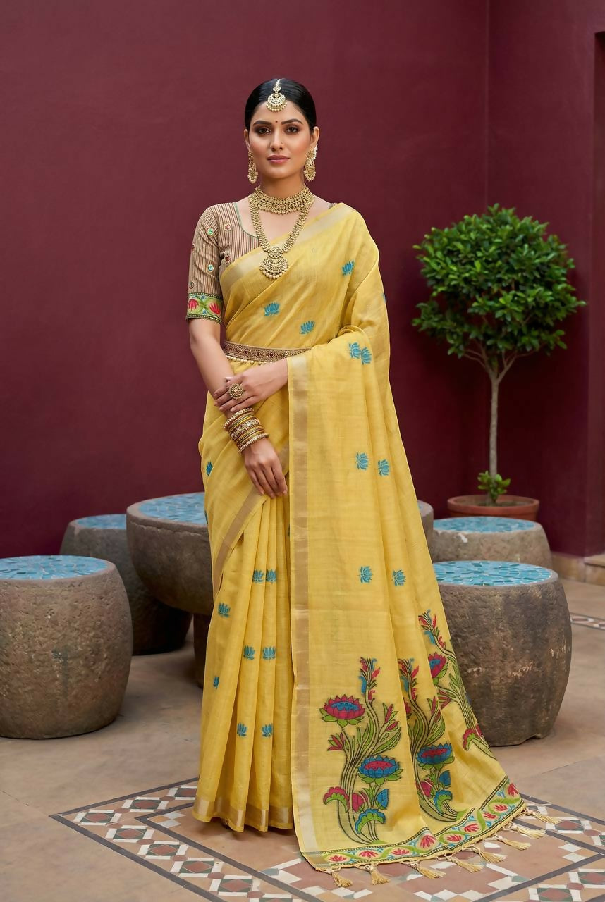 Vastranavya Yellow Muga Cotton Meenakari & Azarakh Pallu Saree with Contrast Blouse