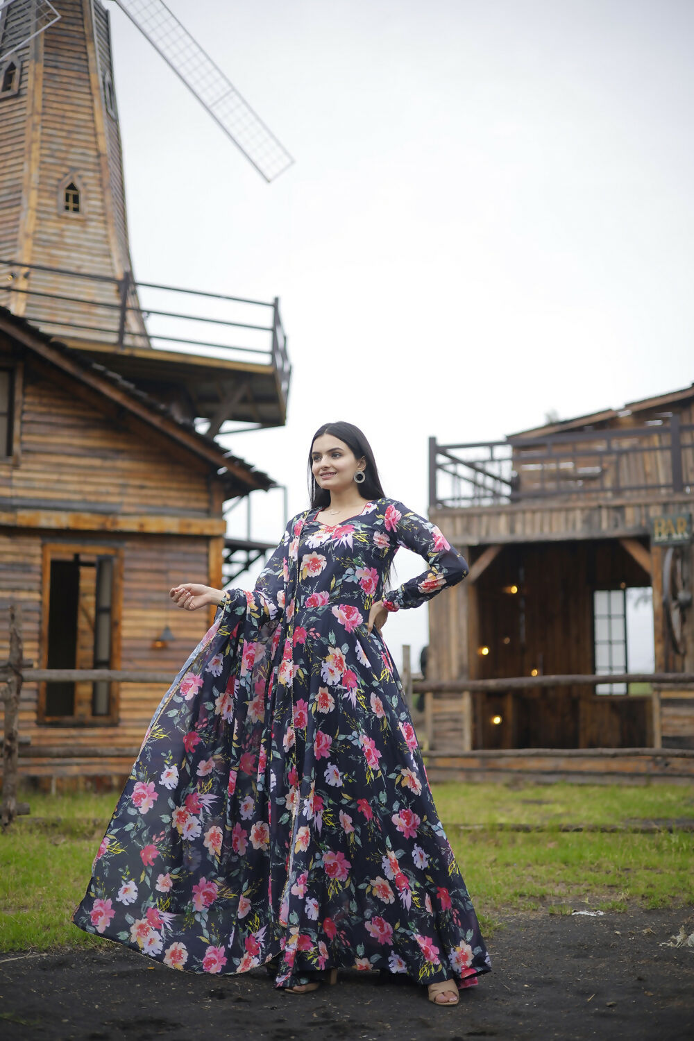 Aayaa Designer Printed Georgette Full Flare Gown With Dupatta - Multi Color
