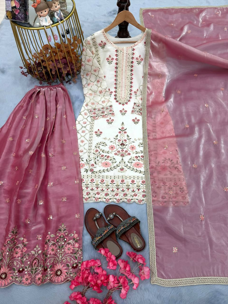 Teeya Creation Multi Color Pure Silk Gimmy Silk Heavy Embroidery Work Wedding Wear Palazzo Pair