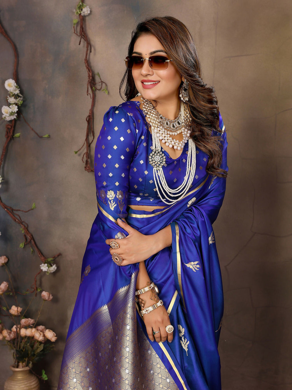 Joban Fashion Royal Blue Floral & Botanical Motifs Satin Silk Banarasi Silk Saree