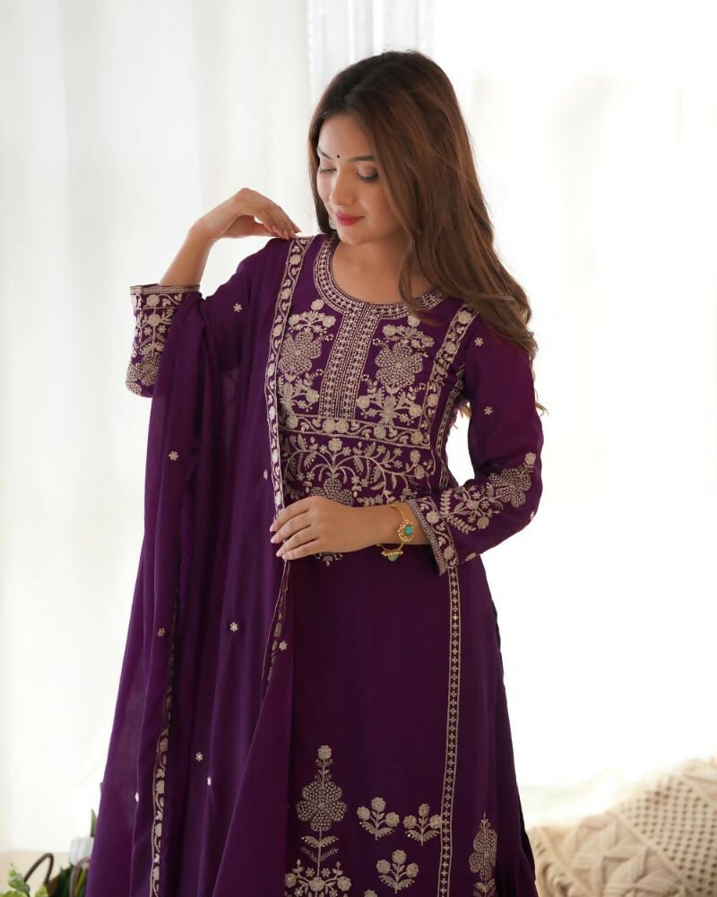Lehenga Mart Designer Sharara Suit With Kurta, Sharara, Dupatta For Women-Purple