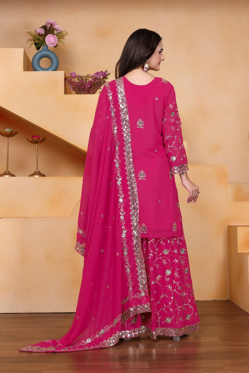 Teeya Creation Pink Color Faux Georgette Embroidery Work Wedding Wear Palazzo Set