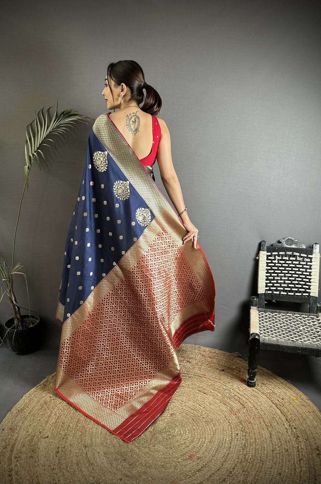 Joban Fashion Navy Blue Woven Butti Soft Silk Banarasi Silk Saree