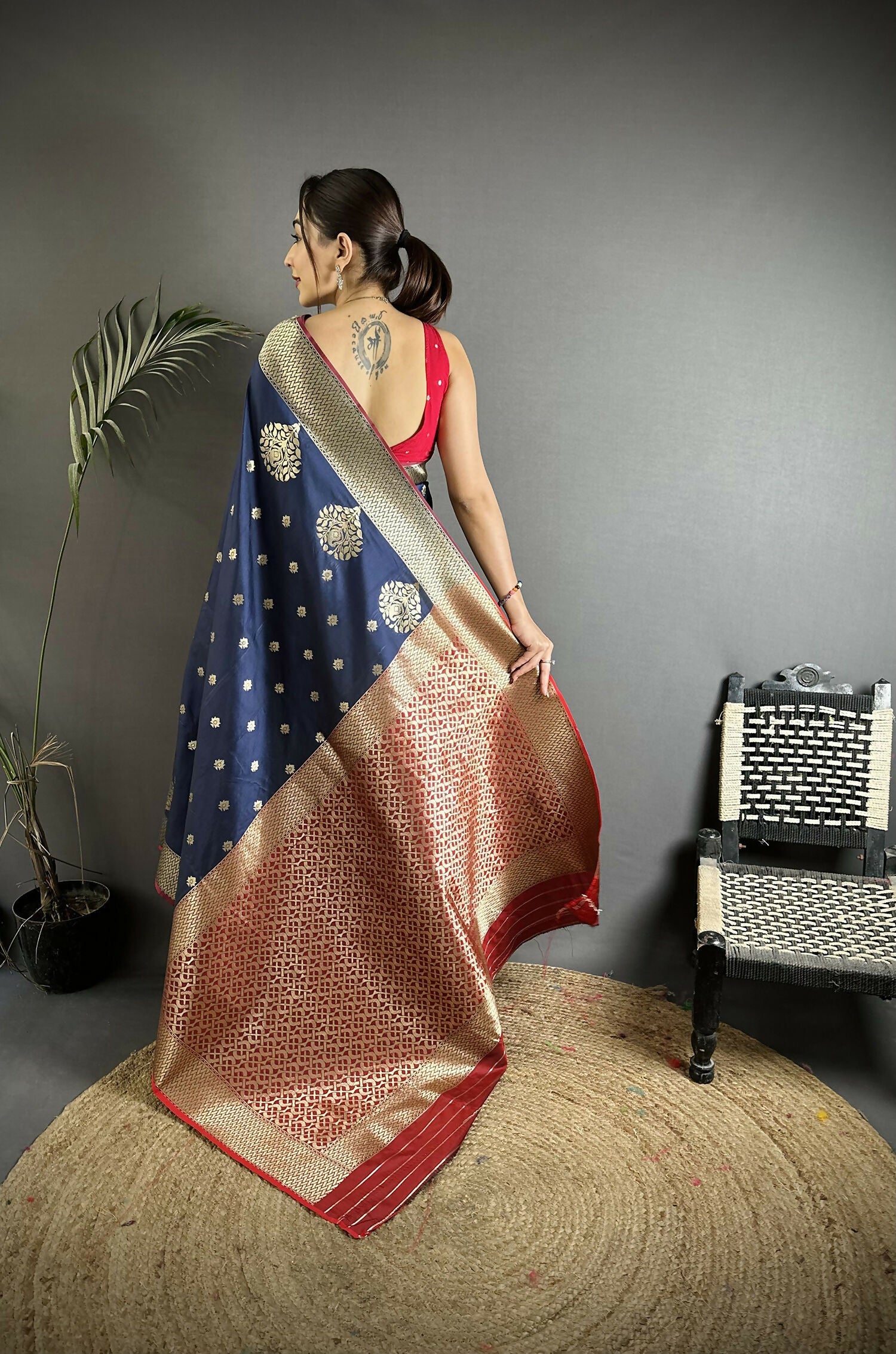 Joban Fashion Navy Blue Woven Butti Soft Silk Banarasi Silk Saree