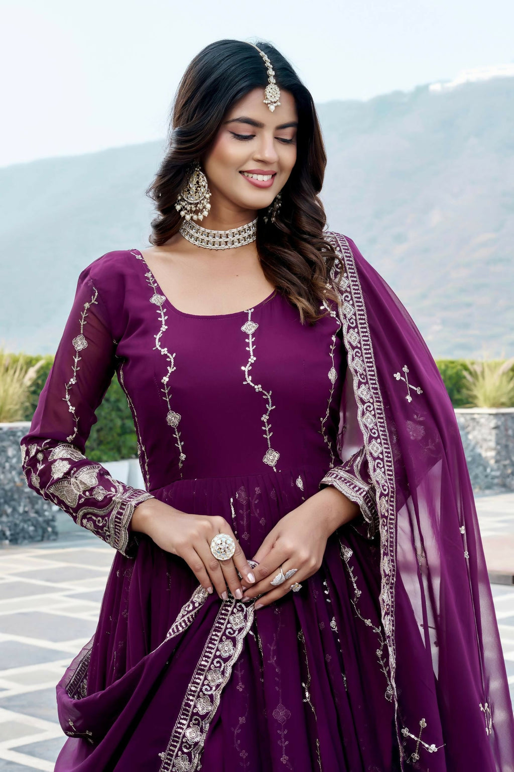 Teeya Creation Womens New Trendy Heavy Cording Sequence & Beads Embroidery Work Purple Gown Set