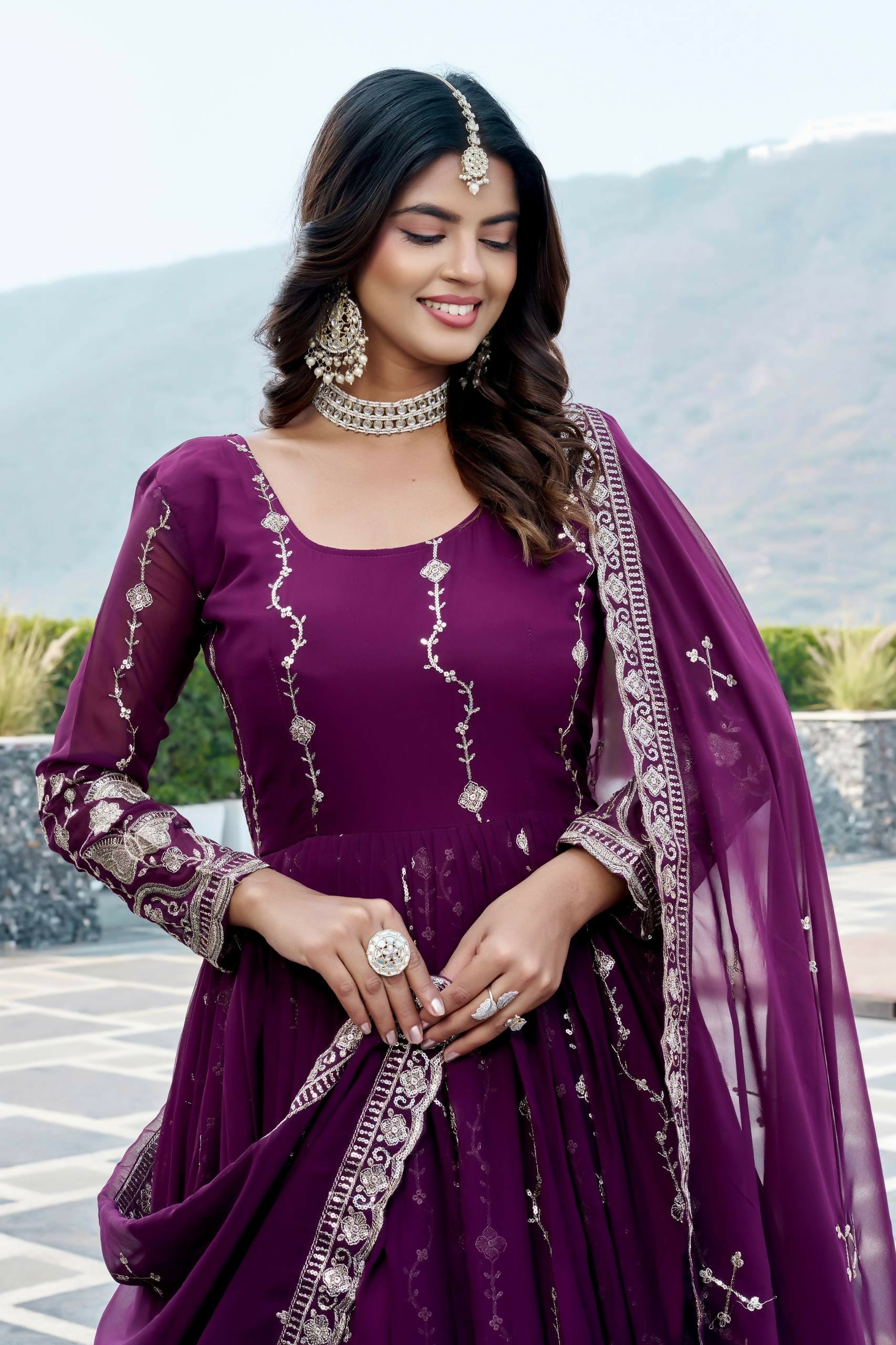 Teeya Creation Womens New Trendy Heavy Cording Sequence & Beads Embroidery Work Purple Gown Set
