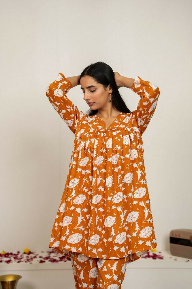 Joban Fashion Peach Hand Block Print Cotton Kurta Set