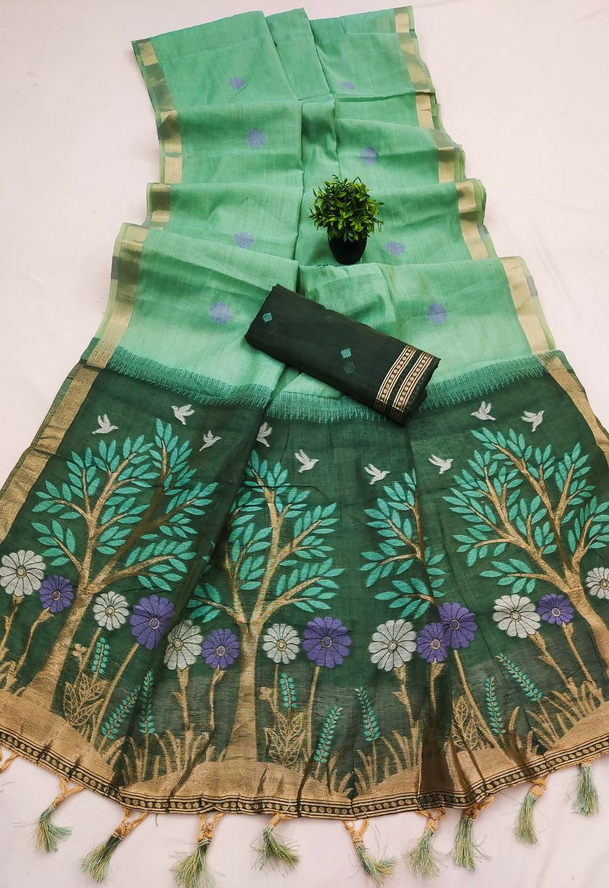 Vastranavya Sky Blue Muga Cotton Meenakari & Azarakh Pallu Saree with Contrast Blouse