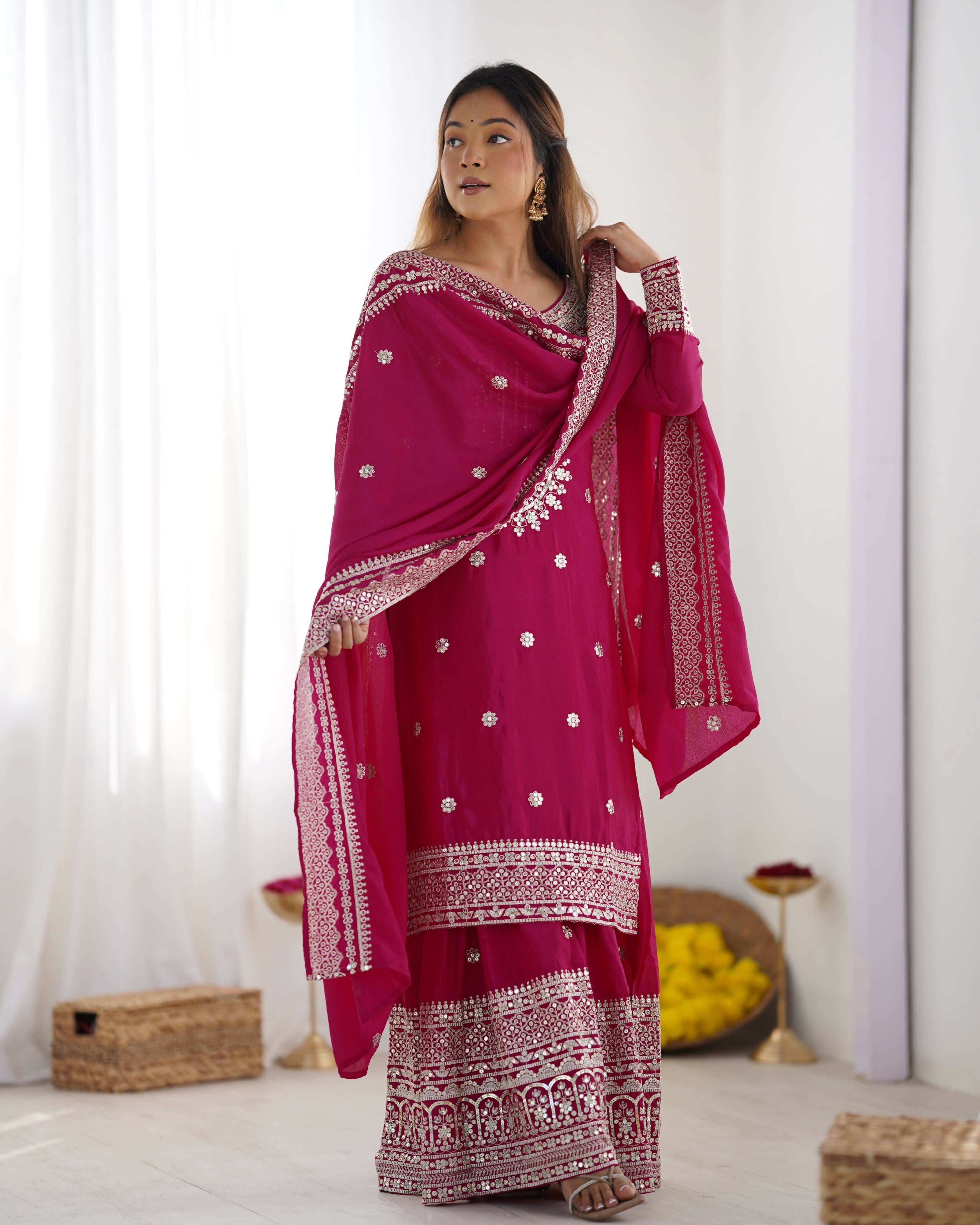 Joban Fashion Pink Kurta Set Silk Sequins , Zari, Coding & Thread Embroidered work
