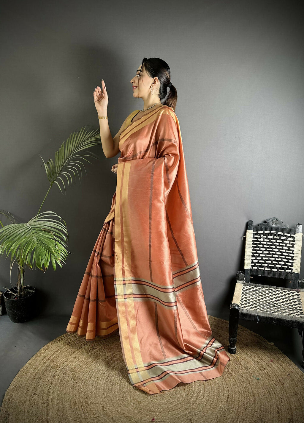 Joban Fashion Peach Woven Pattern Raw Silk Kanjivaram Silk Saree