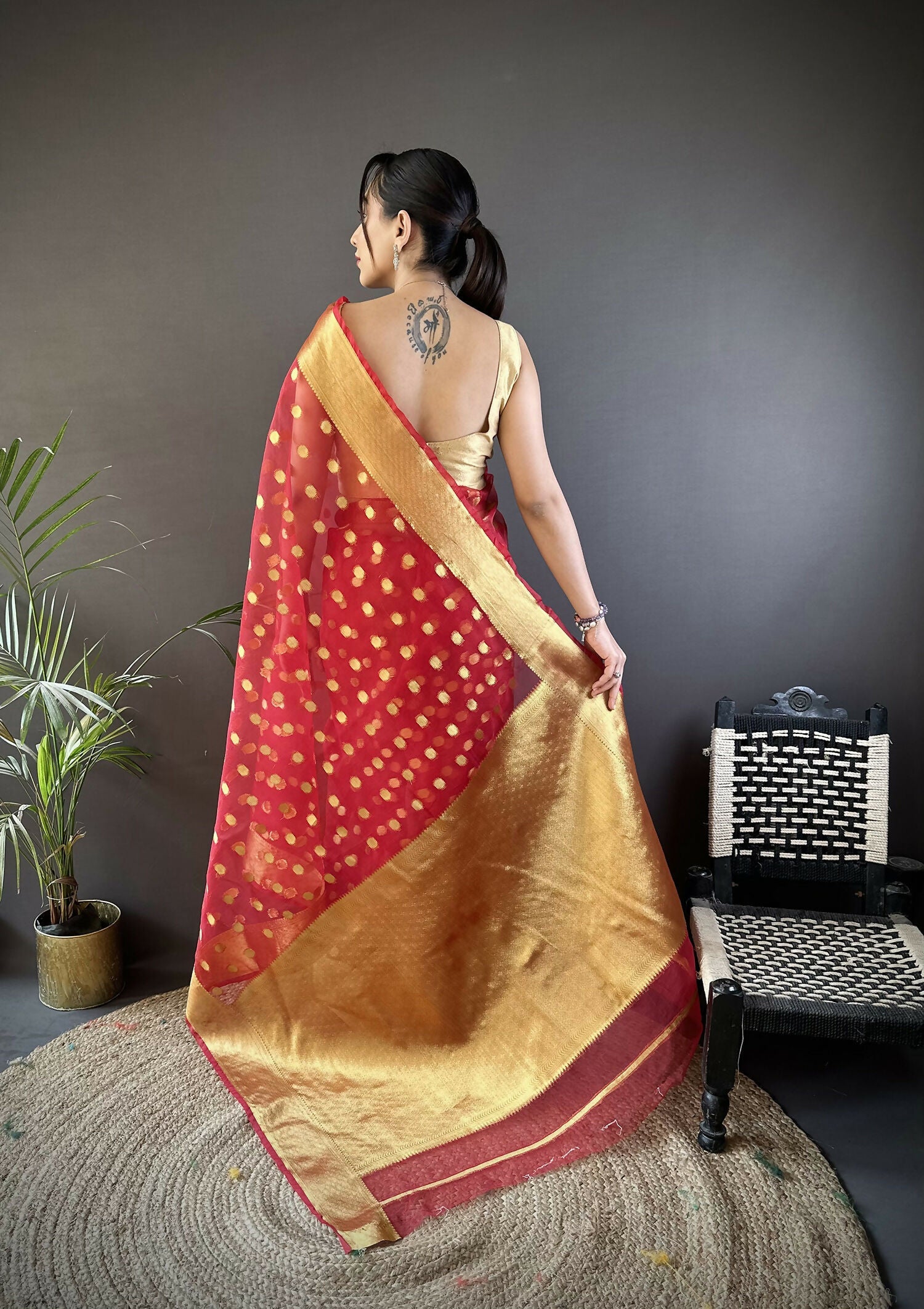 Joban Fashion Red Polka-Dot Zari Woven Organza Silk Banarasi Silk Saree