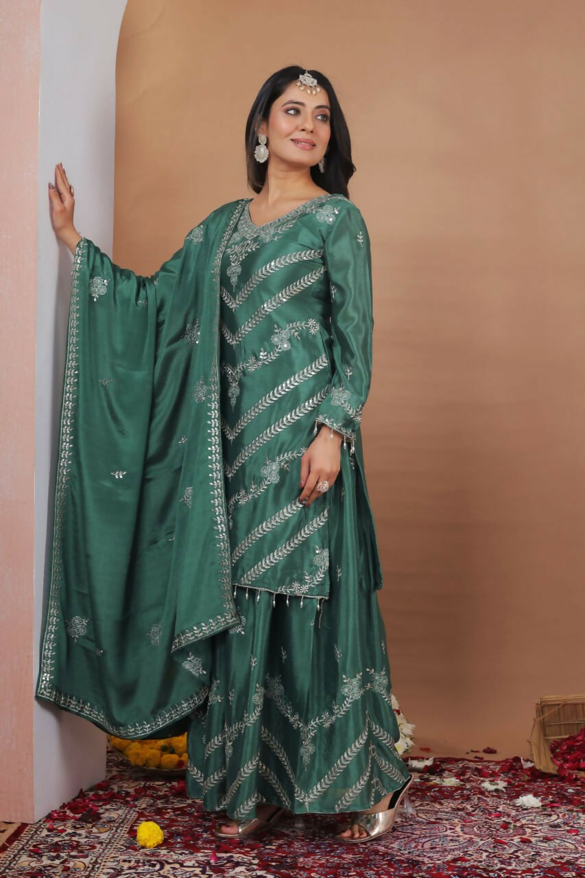 Teeya Creation Green Color Chinon Silk Wedding Wear Trending Palazzo Set