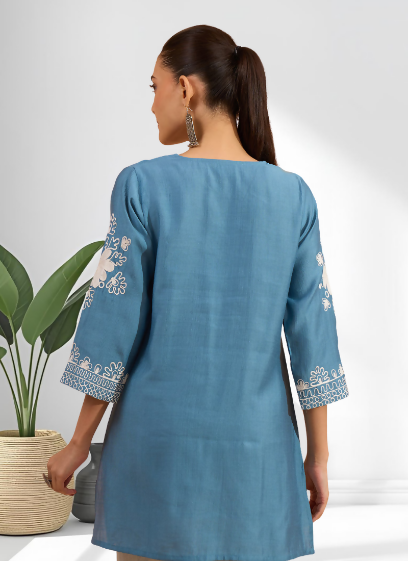 Joban Fashion Teal Silk Embroidered Readymade Tunic