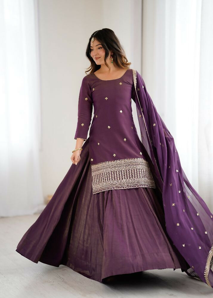Teeya Creation Wine Color Roman Shimmer Silk Party Wear Palazzo Set