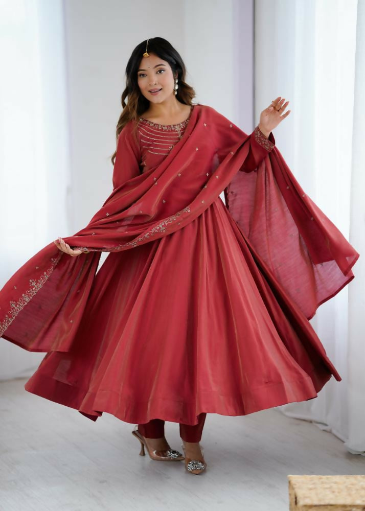 Lehenga Mart Designer Anarkali Suit With Kurta, Pant, Dupatta For Women-Maroon