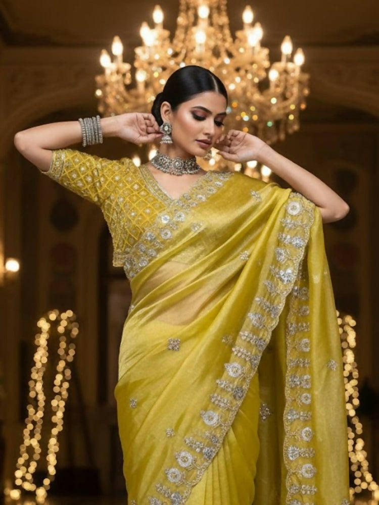 Joban Fashion Yellow Fandy Satin Silk Party Wear Sarees