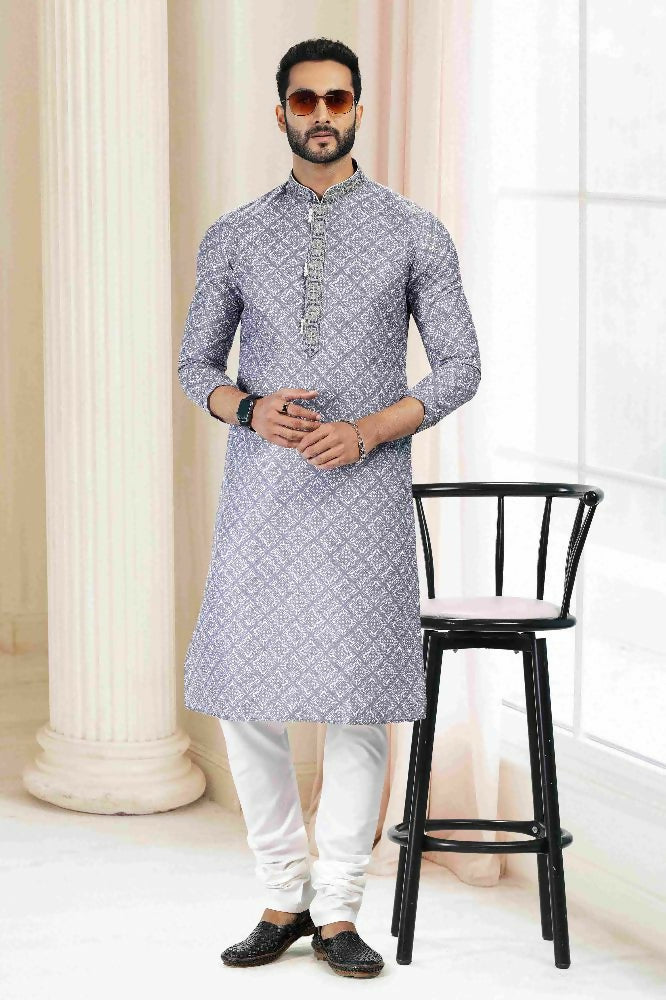 Raivat Ethnic Cotton Thread Work Kurta Pajama In Grey Colour