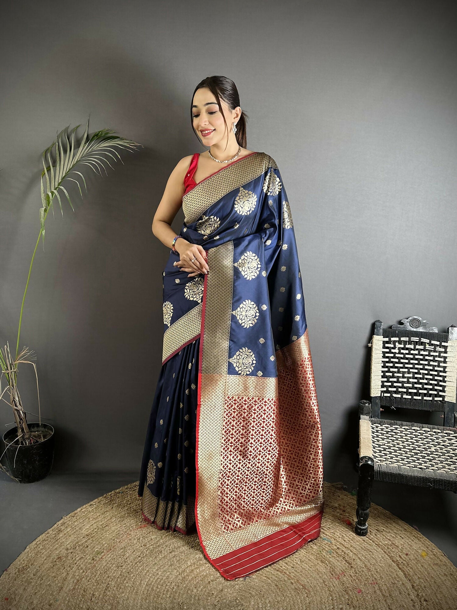 Joban Fashion Navy Blue Woven Butti Soft Silk Banarasi Silk Saree