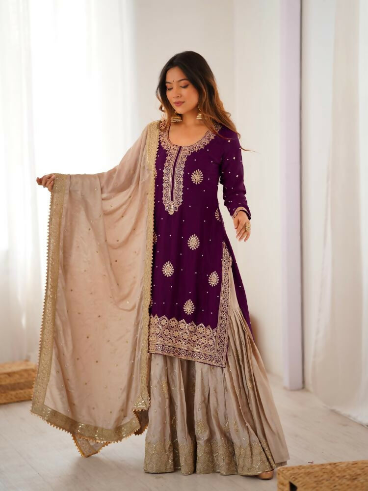 Lehenga Mart Designer Sharara Suit With Kurta, Sharara, Dupatta For Women-Wine