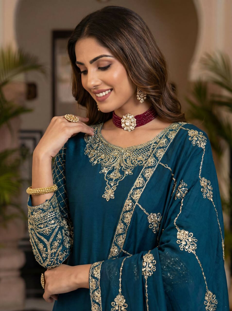 Joban Fashion Teal Silk Embroidered Sharara Set