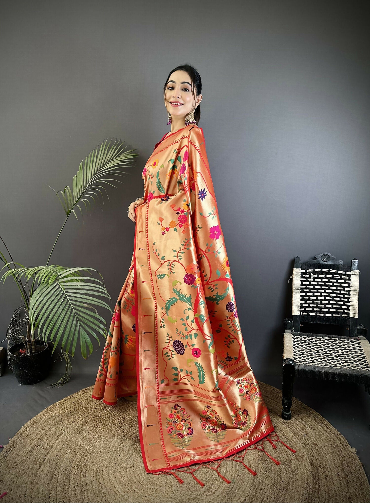Joban Fashion Pastel Red Floral & Bird Motifs Soft Silk Paithani Saree