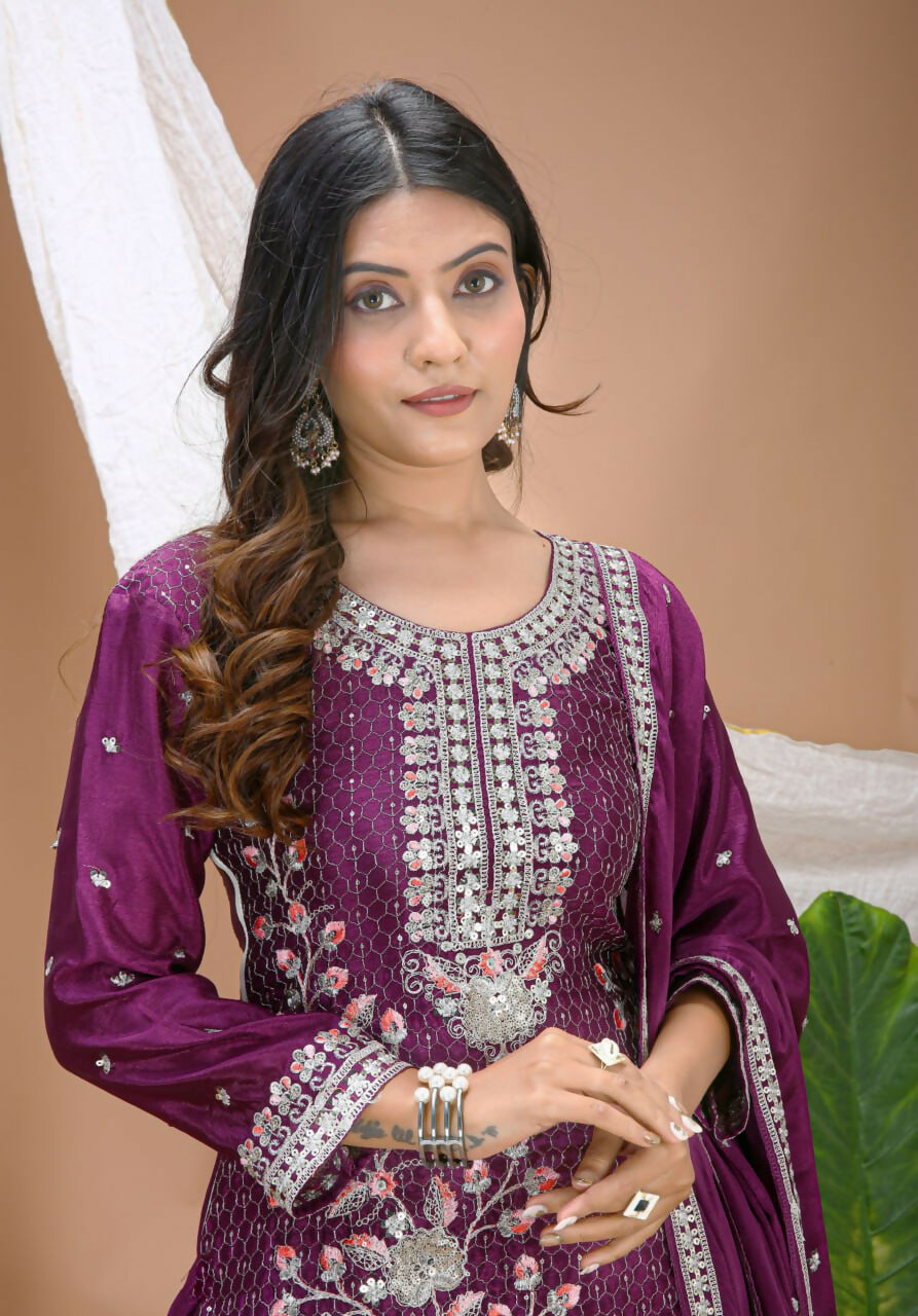 Teeya Creation Wine Color Chinon Silk Wedding Wear Trending Palazzo Set