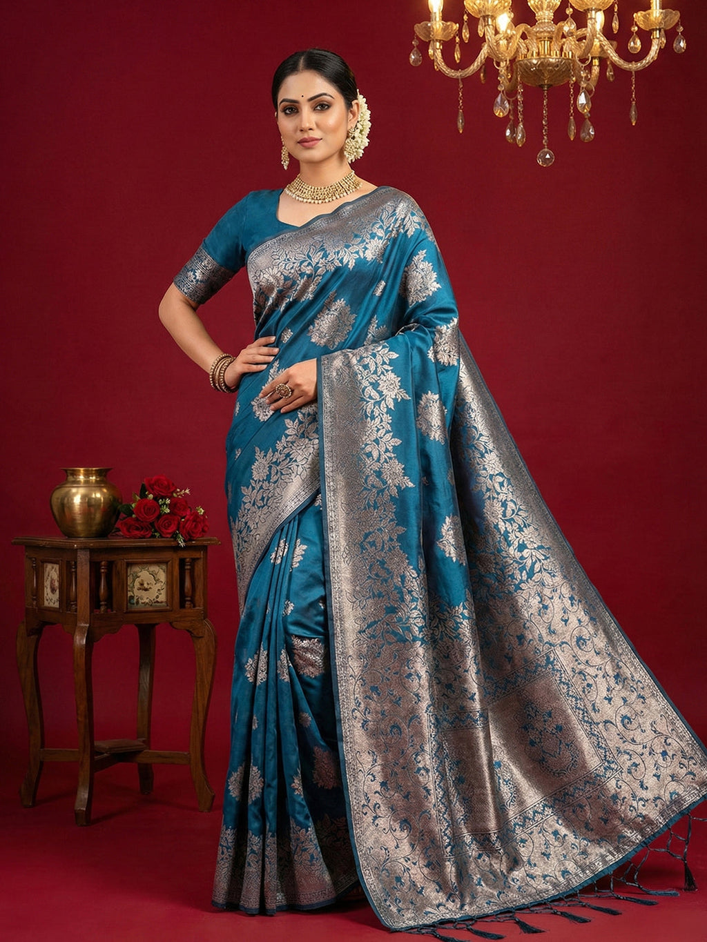 Anaita Teal Silk Blend Woven Saree With Blouse