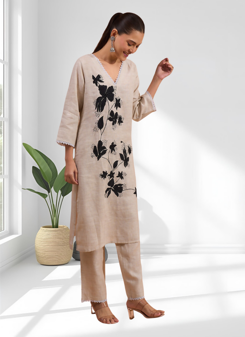 Joban Fashion Beige Linen Embroidered Readymade Long Kurta With Pant