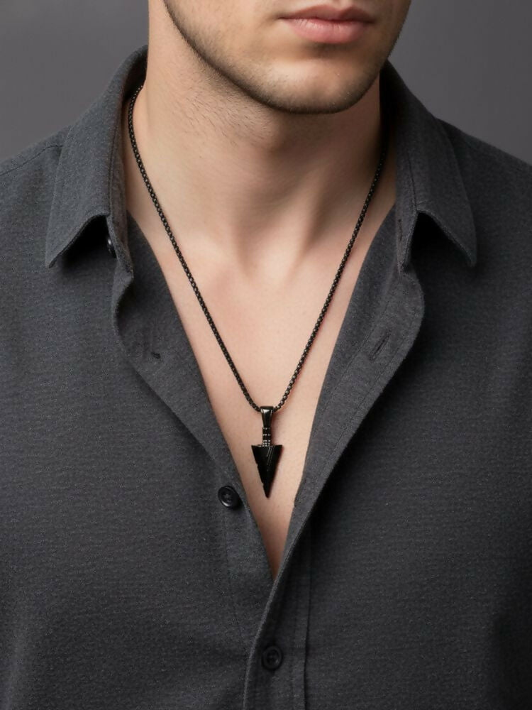 NVR Men's Black Arrow Shaped Rhodium Plated Pendant with Chain