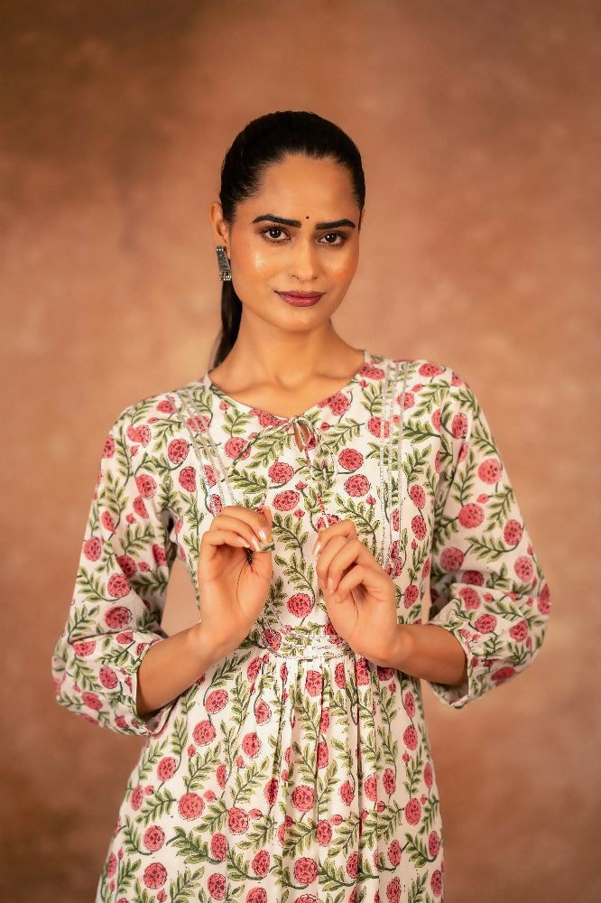 Joban Fashion Red Floral Hand Block Printed Cotton Kurta Pant Set
