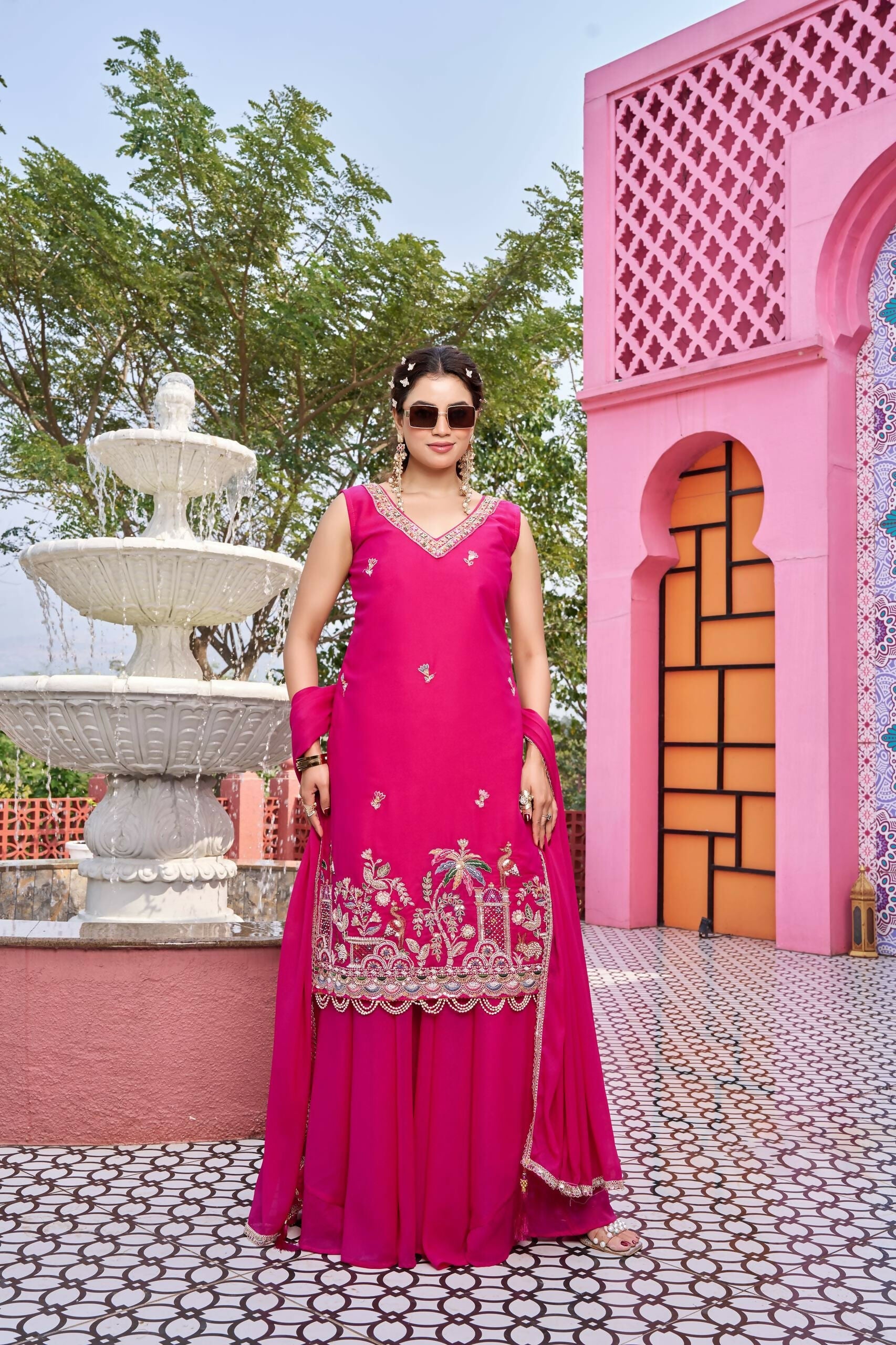 Teeya Creation Womens New Stylish Moti Beads With Cording Sequence Thread Embroidery Work Pink Kurta Set