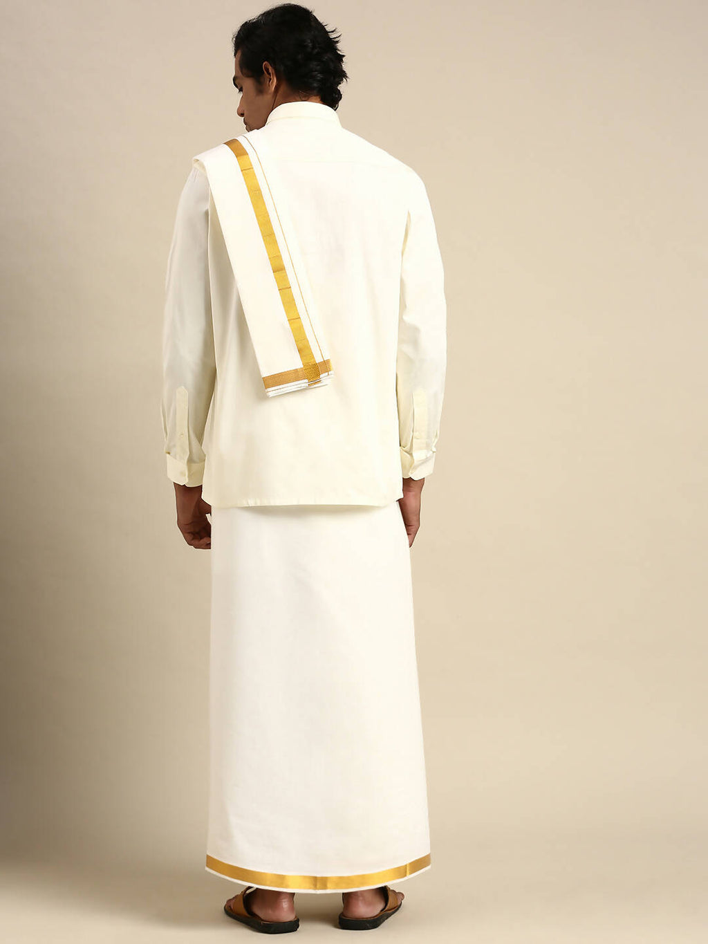 Ramraj Cotton Wedding Cream Zari Dhoti with shirt Bit & Towel Set Akshayam 50k