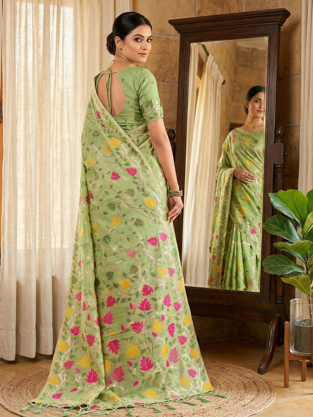 Shree Shyam Fashion Green Linen Cotton Saree