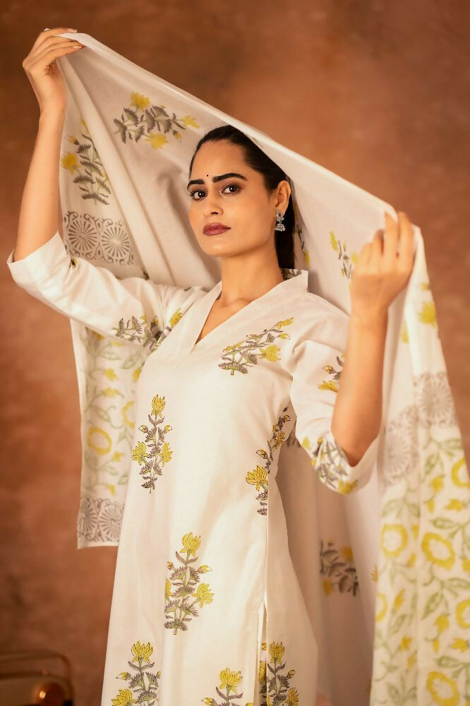 Joban Fashion Off White Yellow Hand Block Printed Cotton Suit Set