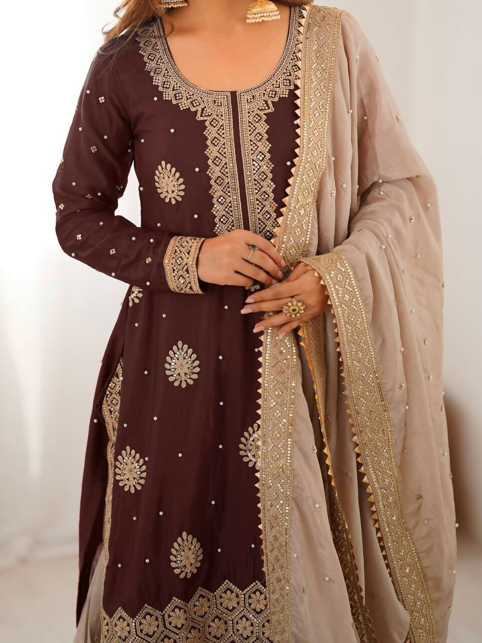 Lehenga Mart Designer Sharara Suit With Kurta, Sharara, Dupatta For Women-Brown