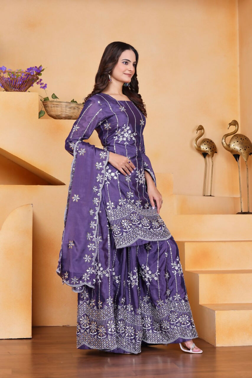 Teeya Creation Lavender Color Chinon Silk Wedding Wear Trending Palazzo Set