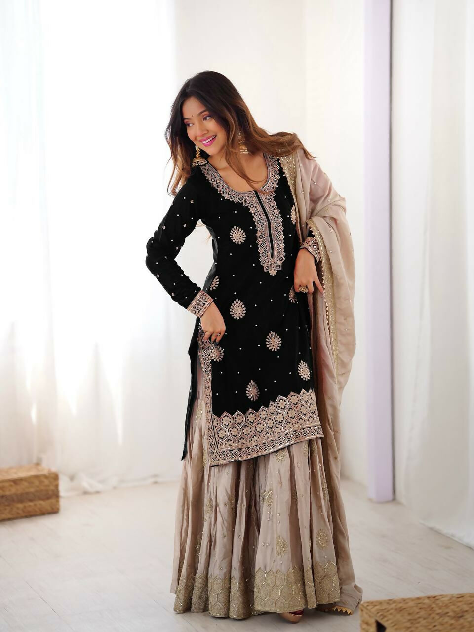 Lehenga Mart Designer Sharara Suit With Kurta, Sharara, Dupatta For Women-Black