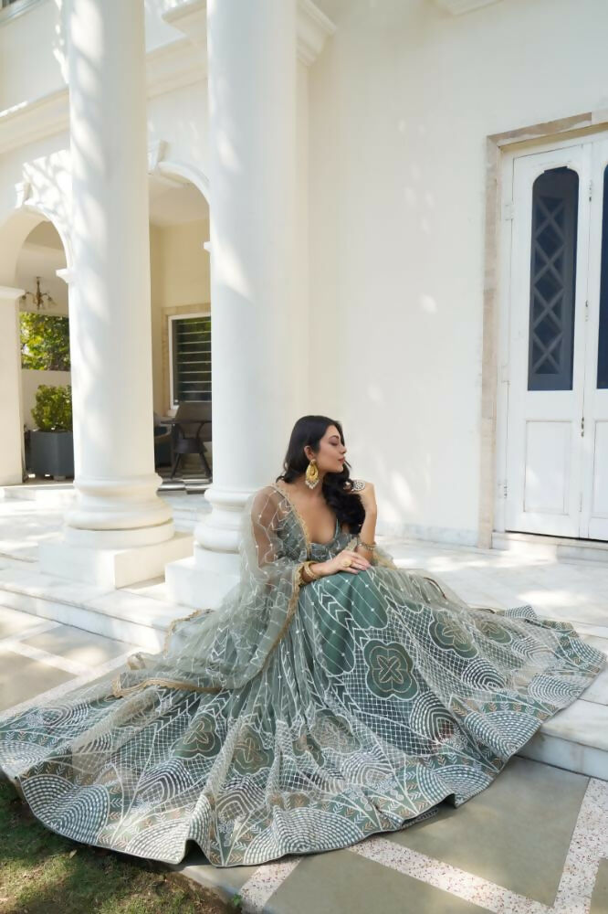 Aastha Fashion Dusty Green Butterfly Net White Cotton Thread Work And Sequence Work Embroidery Wedding Wear Lehenga Choli