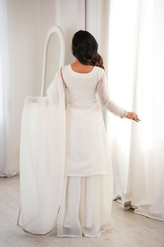 Lehenga Mart Designer Sharara Suit With Kurta, Sharara, Dupatta For Women-Off White