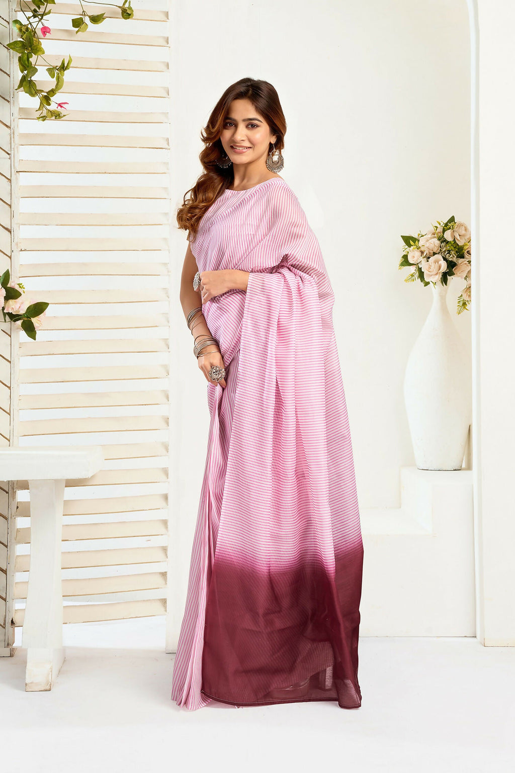 Joban Fashion Light Pink  Striped Linen Ready To Wear Saree With Unstitched Blouse