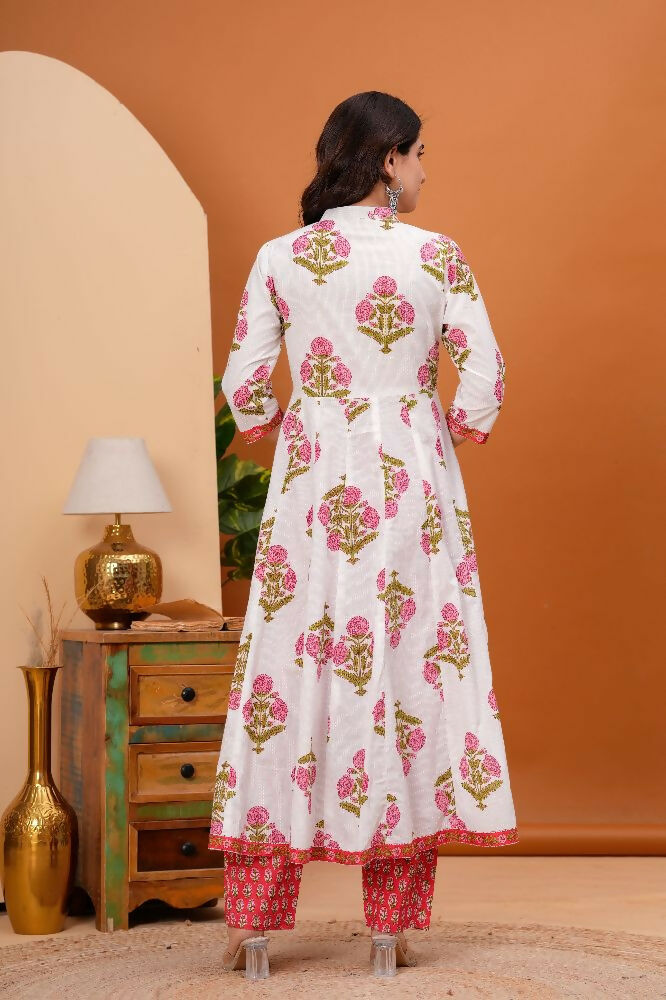Jaimini Women Cotton Printed Mandarin Collar Neck Calf Length Flared Kurta Pant And Dupatta Set