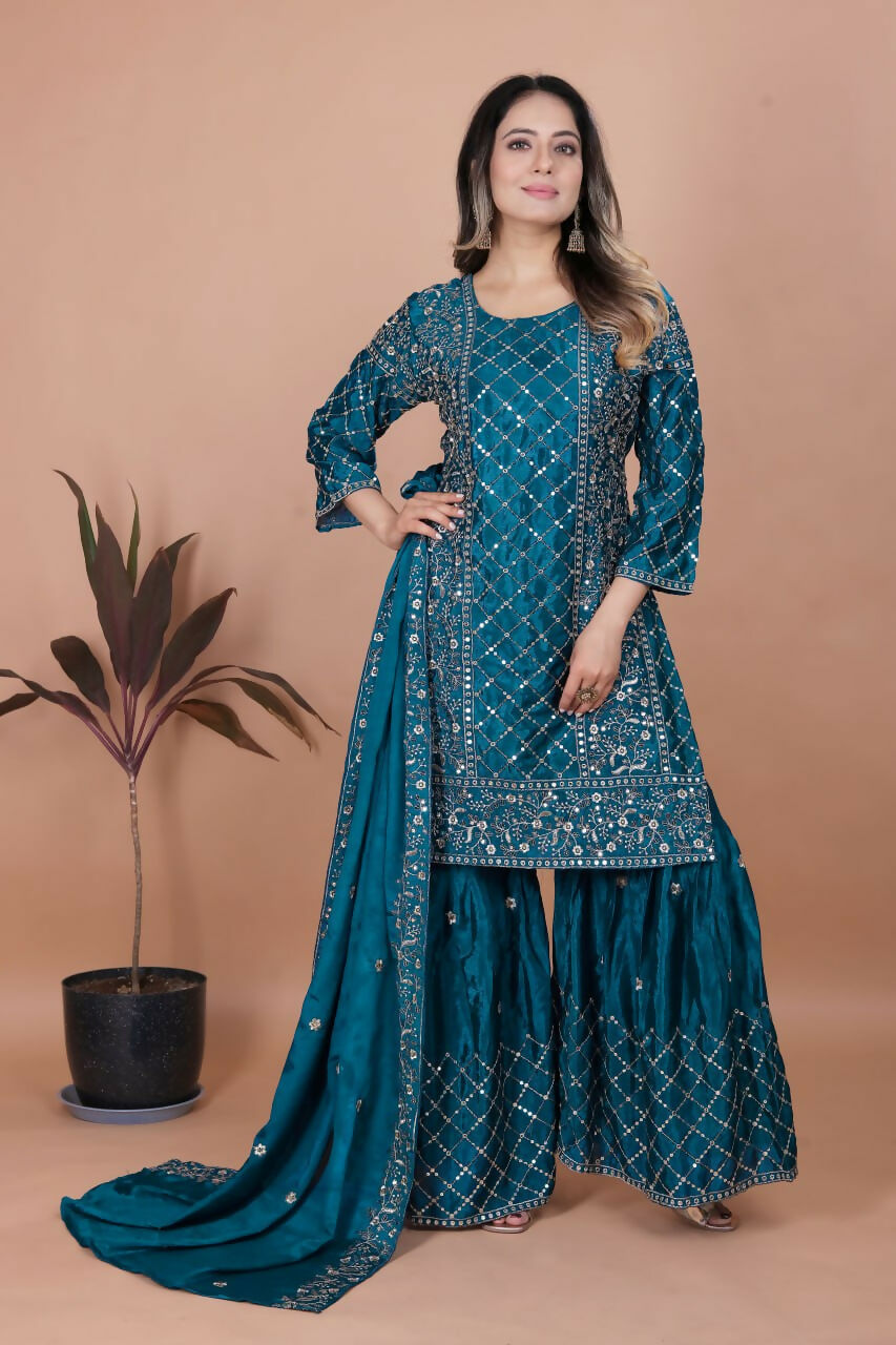 Teeya Creation Teal Color Chinon Silk Embroidery Work Sharara Set