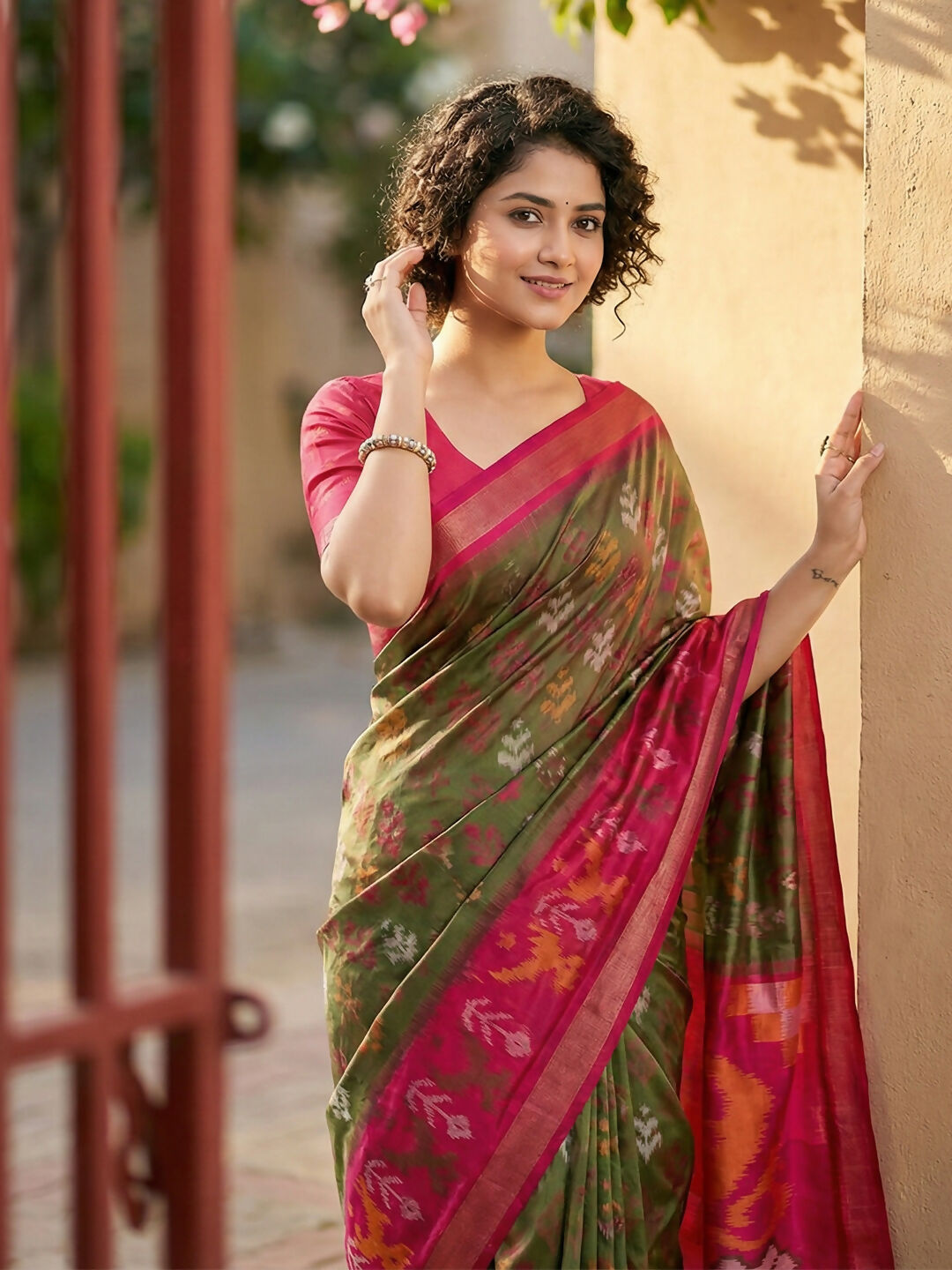 Shree Shyam Fashion Olive Green Pochampally Silk Saree