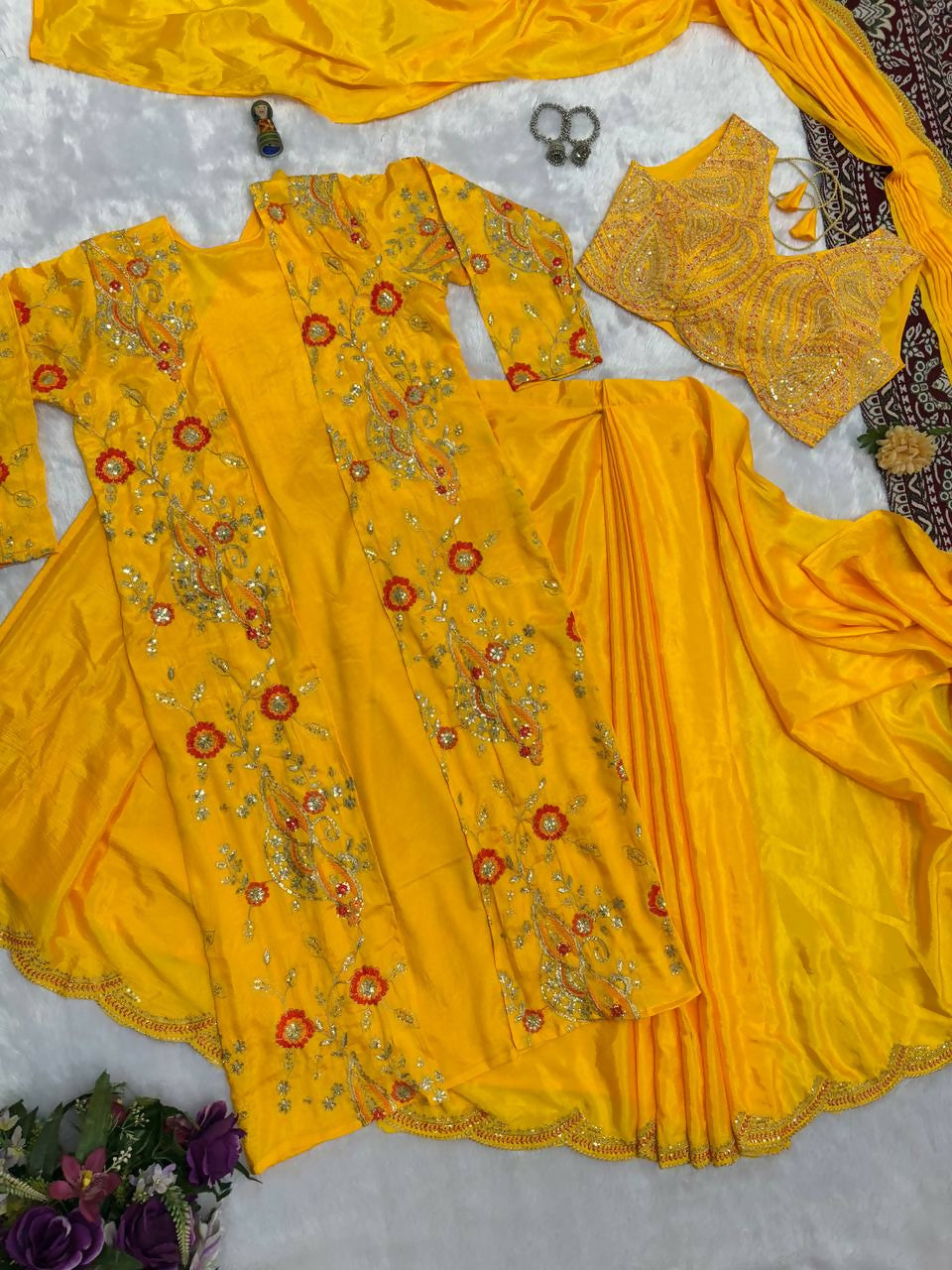 Teeya Creation Yellow Color Chinon Silk Designer Embroidery Work Ready To Wear Saree With Koti