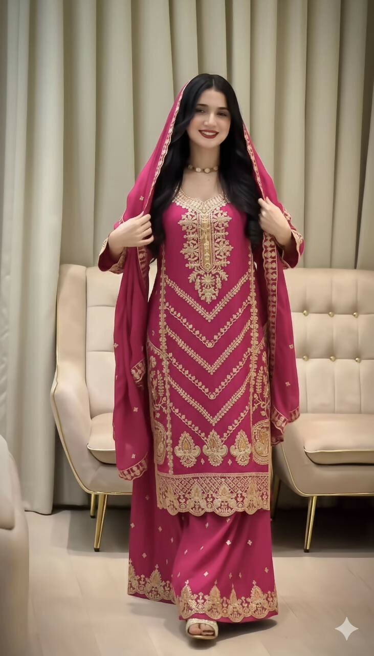 Teeya Creation Rani Color Chinon Silk Party Wear Trending Palazzo Set