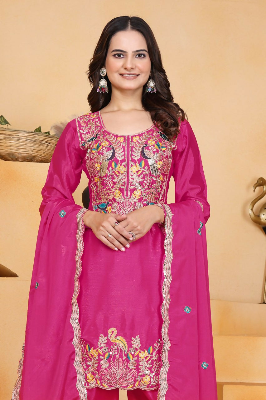 Teeya Creation Pink Color Chinon Silk Party Wear Punjabi Dhoti Suit